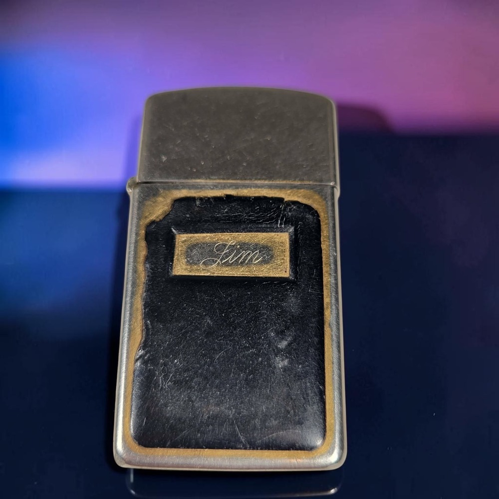 Zippo Slim Lighter 1967 Jim Engraved Black Leather Chrome‎ Fair Peeling Leather